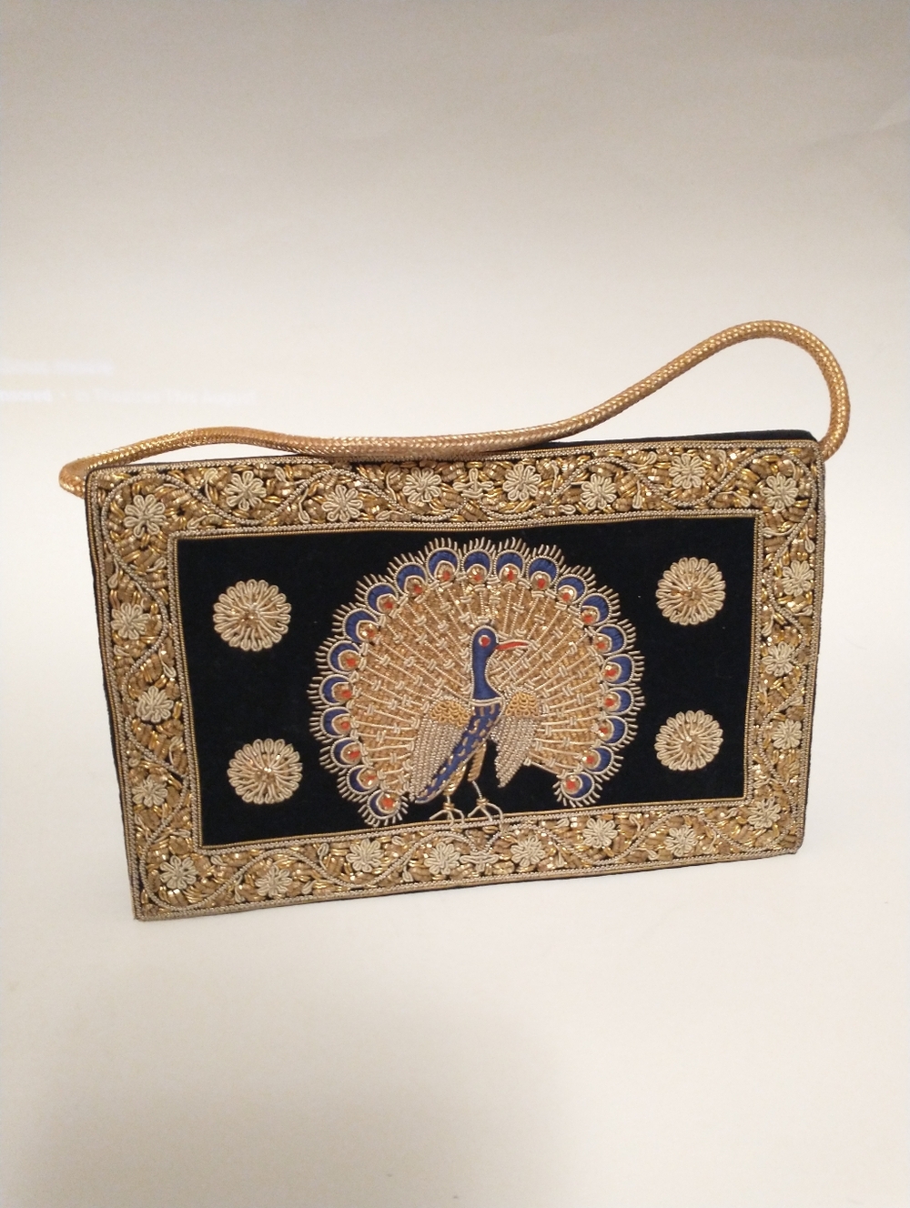 Estate Find VTG Indian Zari Zardozi Peacock‎ Velvet Embroidered Clutch Flawless